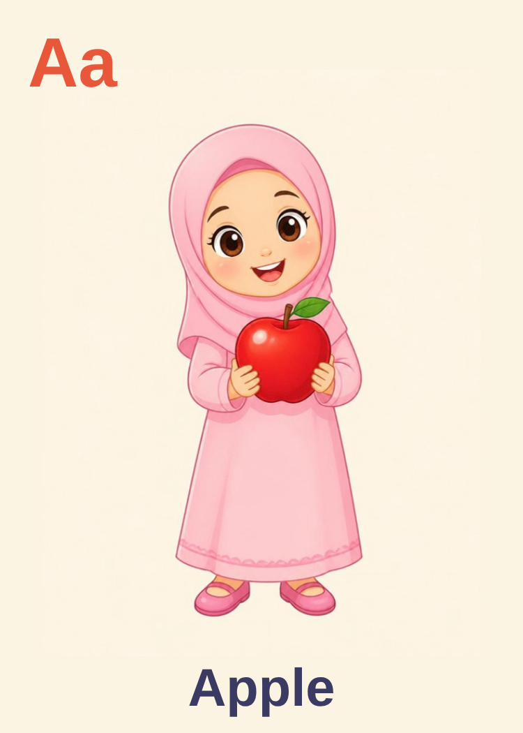 Aa Apple card: a girl in a pink hijab holding a red apple