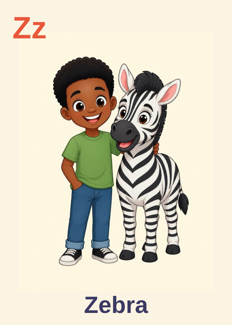 Zz Zebra card: a boy standing with a smiling zebra