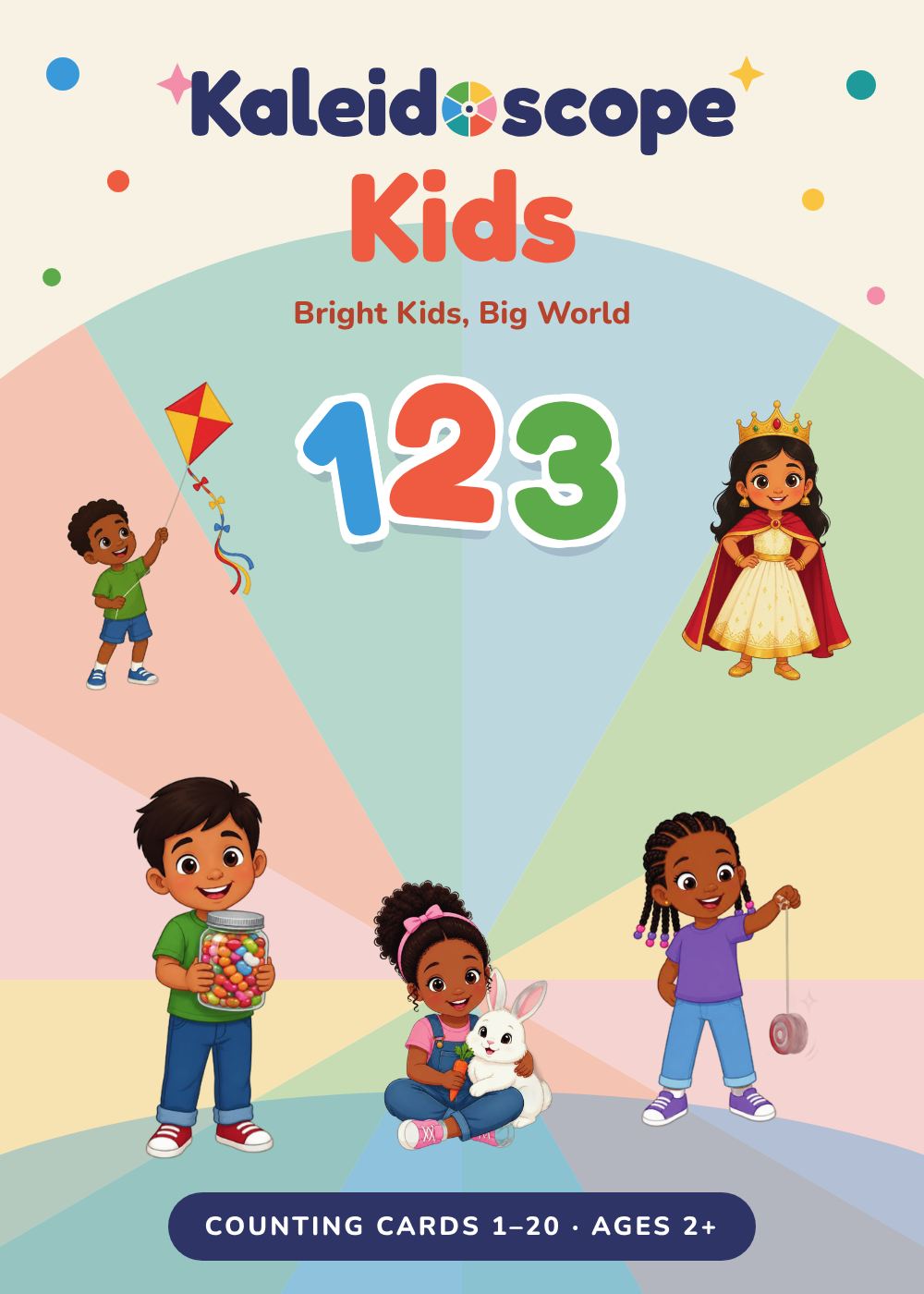 Kaleidoscope Kids Counting box: big 1 2 3 numbers with five children — a boy flying a kite, a girl dressed as a queen, a boy with a jar of candies, a girl with a white bunny, and a girl with a yo-yo