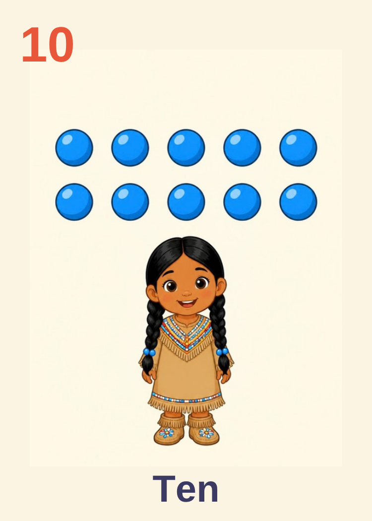 10 Ten card: a girl with long braids, dressed in traditional regalia, below ten blue balls